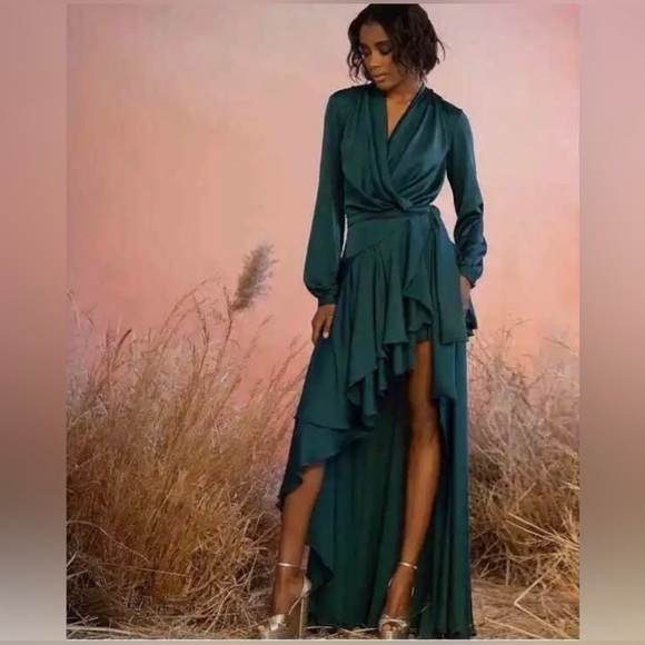 PatBo High-Low green Maxi Satin Wrap Dress Gown emerald‎ green size 0 - Picture 1 of 12